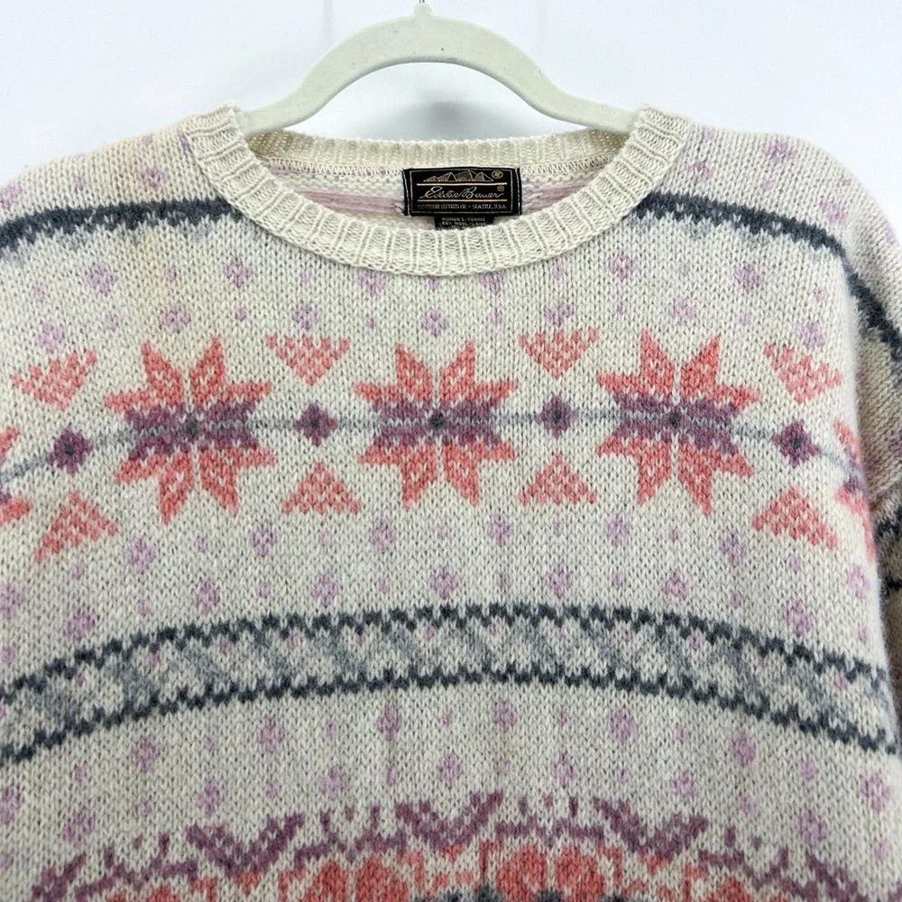 Vintage Eddie Bauer Cream Pink Wool Snowflake Fair Isle Christmas Sweater